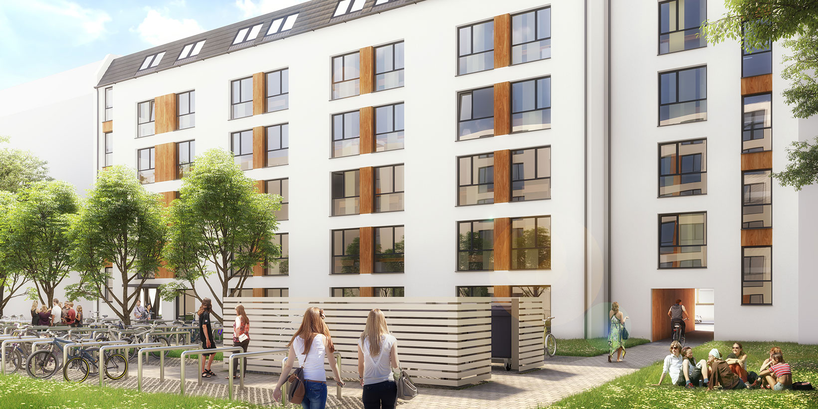 Garden view of the building project student accommodation in Berlin
